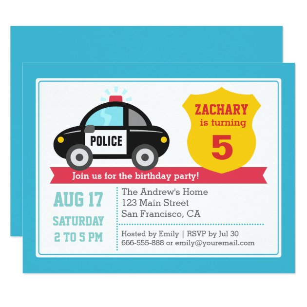 Police Car Kids Birthday Party Invitation