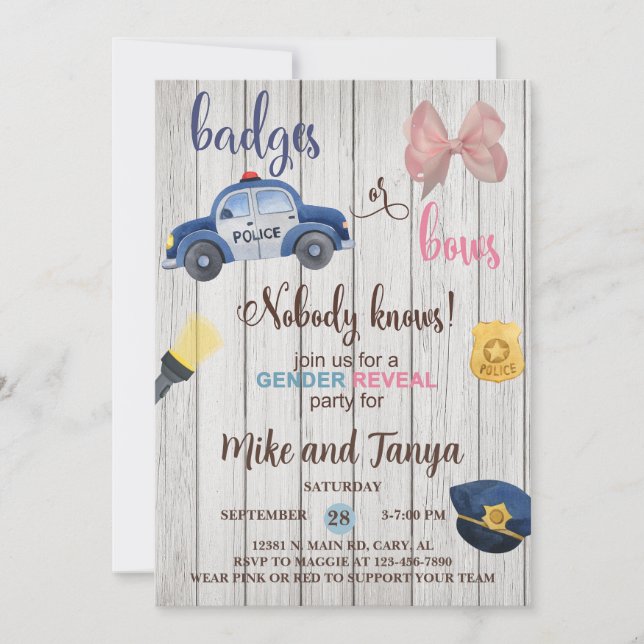 Police car or Bows gender reveal invitation. Invitation (Front)