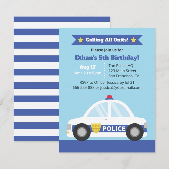 Police Car Police Themed Birthday Party Invitation (Front/Back)