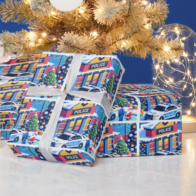 Police Car Policeman Santa and Christmas Tree Wrapping Paper (Holidays)