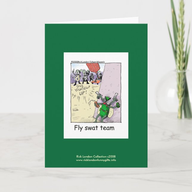 Police Cartoon Fly Swat Team On A Greeting Card (Front)