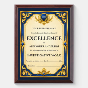Police certificate editable blue gold year end award plaque