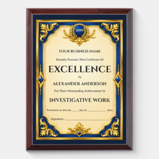 Police certificate editable blue gold year end award plaque