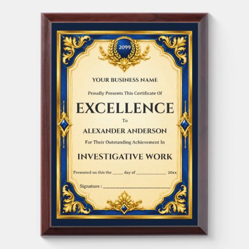 Police certificate editable blue gold year end award plaque