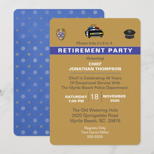 Police Chief Blue Line Gold Retirement Invitation (Front/Back)