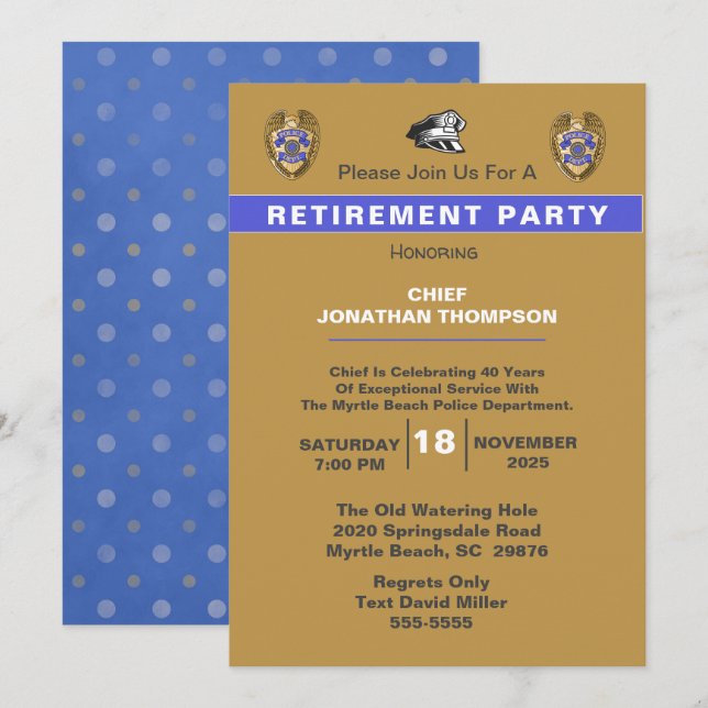 Police Chief Blue Line Gold Retirement Invitation (Front/Back)