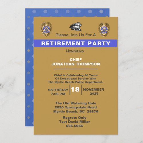 Police Chief Blue Line Gold Retirement Invitation