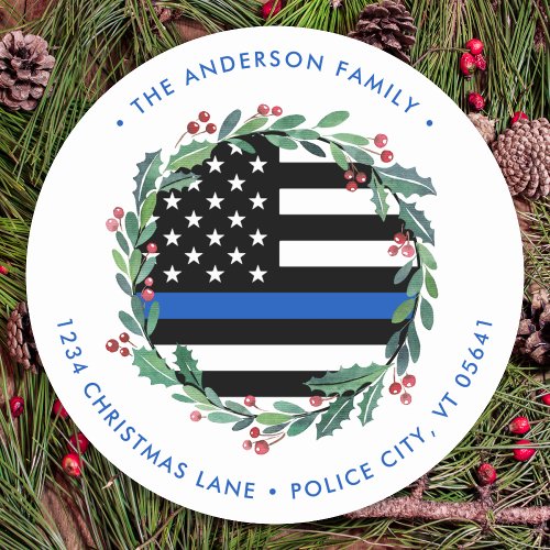 Police Christmas Blue Flag Wreath Return Address Classic Round Sticker