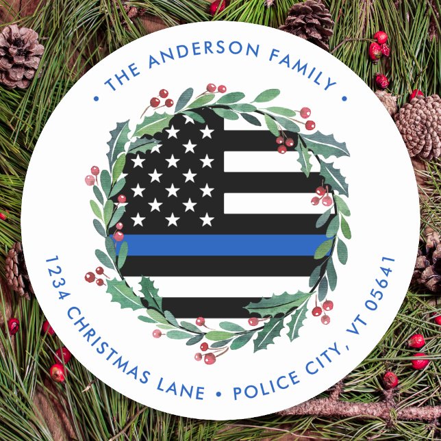 Police Christmas Blue Flag Wreath Return Address Classic Round Sticker (Creator Uploaded)