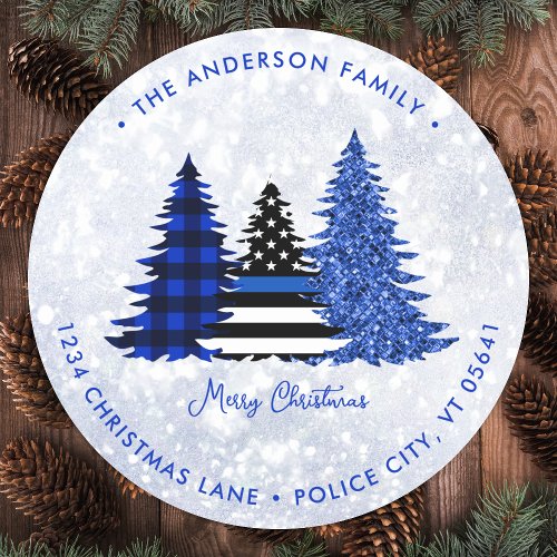 Police Christmas Blue Holiday Tree Return Address Classic Round Sticker