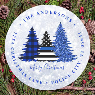Police Christmas Blue Plaid Glitter Return Address Classic Round Sticker