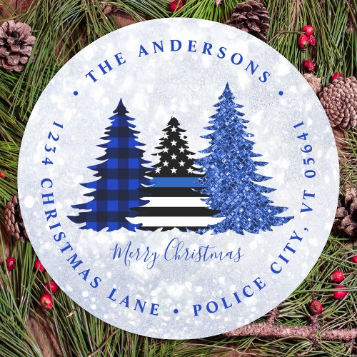 Police Christmas Blue Plaid Glitter Return Address Classic Round Sticker