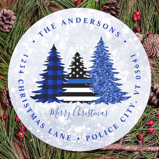 Police Christmas Blue Plaid Glitter Return Address Classic Round Sticker (Creator Uploaded)