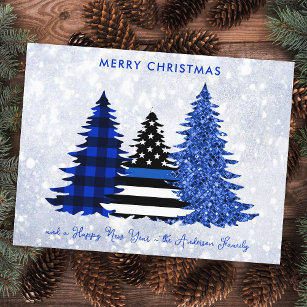 Police Christmas Blue Plaid Glitter Tree Festive Holiday Postcard