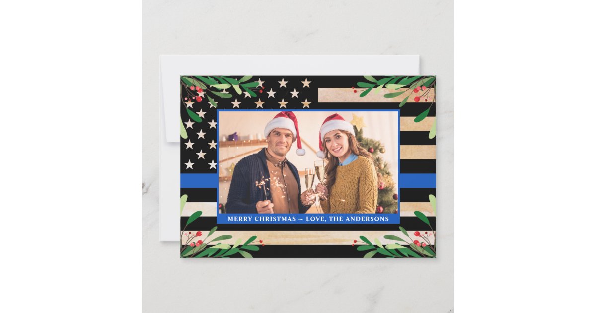 Police Christmas Custom Photo Blue American Flag Holiday Card Zazzle