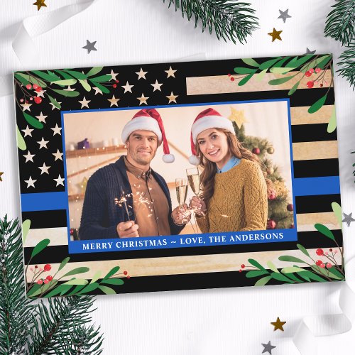 Police Christmas Custom Photo Blue American Flag Holiday Card