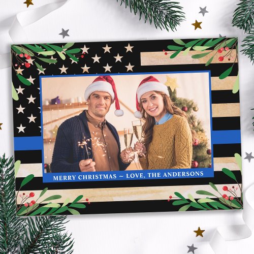  Police Christmas Custom Photo Blue American Flag Holiday Postcard