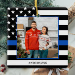 Police Christmas Custom Photo Thin Blue Line Ceramic Ornament<br><div class="desc">Thin Blue Line Christmas Ornament. This police christmas ornament will be a treasured keepsake. Ornament is double sided, you can do 2 favorite photos, one on each side. Perfect for police officers, police family and law enforcement. Personalize name on the front, and date on the back. COPYRIGHT © 2020 Judy...</div>