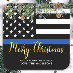 Police Christmas Law Enforcement Thin Blue Line Square Sticker<br><div class="desc">Send Merry Christmas greetings to friends, family, fellow law enforcement departments and your community with this unique Thin Blue Line Police Merry Christmas sticker - American Flag in police flag colors, modern black and blue with holly leaves and berries and elegant gold script. Personalize with your message and family name...</div>
