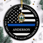Police Christmas Personalized Logo Thin Blue Line Ceramic Ornament<br><div class="desc">Blessed are the Peacemakers, for they shall be called children of God. Thin Blue Line Ornament for police officers and law enforcement . This police prayer ornament is perfect for police academy graduation gifts to newly graduated officers, or police retirement gifts law enforcement party favors, and police christmas ornaments. Order...</div>