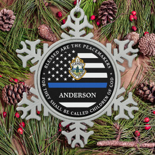 Police Christmas Personalized Logo Thin Blue Line Snowflake Pewter Christmas Ornament