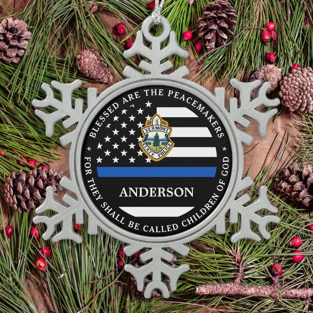 Police Christmas Personalized Logo Thin Blue Line Snowflake Pewter Christmas Ornament (Creator Uploaded)