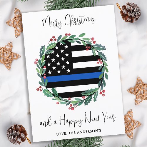 Police Christmas Thin Blue Line Flag Wreath Holiday Card