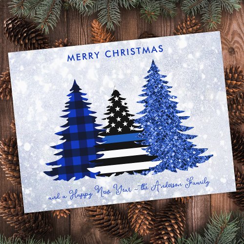Police Christmas Thin Blue Line Glitter Plaid Tree Holiday Postcard