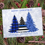 Police Christmas Thin Blue Line Plaid Glitter Tree Holiday Card<br><div class="desc">Send Merry Christmas greetings to friends and family with this Unique Police Christmas Card - Thin Blue Line, black and blue plaid and blue glitter trees on a silver snow glitter background design . Personalize with family name.. This police Christmas card is perfect for police families or police department christmas...</div>