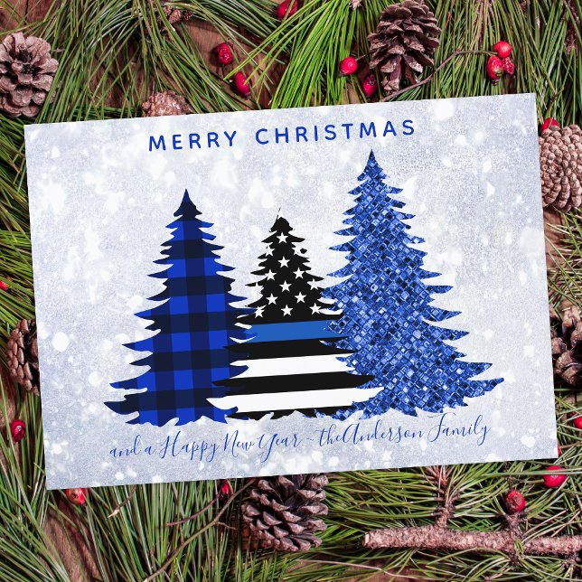 Police Christmas Thin Blue Line Plaid Glitter Tree Holiday Card (Creator Uploaded)