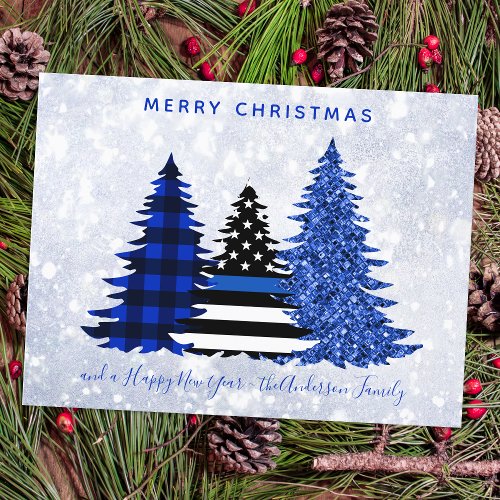 Police Christmas Thin Blue Line Plaid Glitter Tree Holiday Postcard