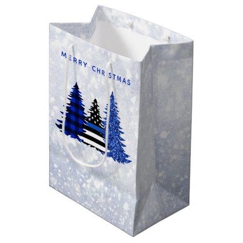 Police Christmas Thin Blue Line Plaid Glitter Tree Medium Gift Bag