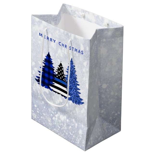 Police Christmas Thin Blue Line Plaid Glitter Tree Medium Gift Bag (Front Angled)