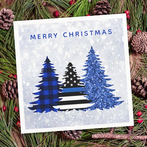 Police Christmas Thin Blue Line Plaid Glitter Tree Napkins