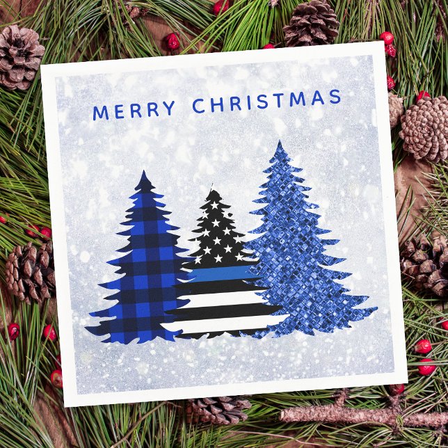 Police Christmas Thin Blue Line Plaid Glitter Tree Napkins (Creator Uploaded)