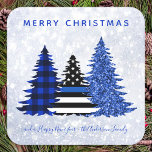 Police Christmas Thin Blue Line Plaid Glitter Tree Square Sticker<br><div class="desc">Send Merry Christmas greetings to friends and family with this Unique Police Christmas sticker - Thin Blue Line, black and blue plaid and blue glitter trees on a silver snow glitter background design . Personalize with family name and or text. This police Christmas sticker is perfect for police families or...</div>