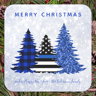 Police Christmas Thin Blue Line Plaid Glitter Tree Square Sticker