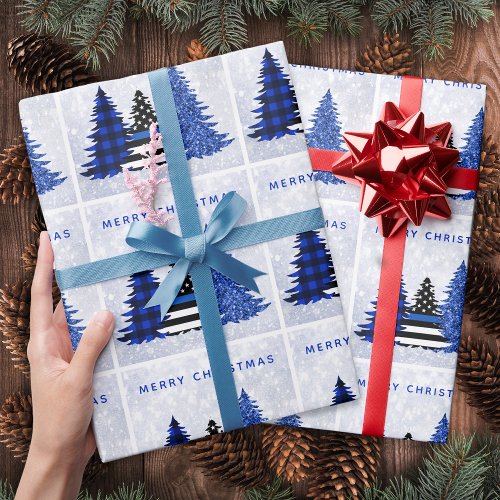 Police Christmas Thin Blue Line Plaid Glitter Tree Wrapping Paper