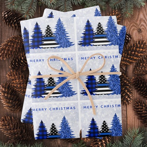 Police Christmas Thin Blue Line Plaid Glitter Tree Wrapping Paper Sheets