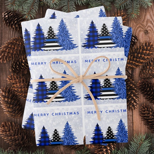 Police Christmas Thin Blue Line Plaid Glitter Tree Wrapping Paper Sheets (Creator Uploaded)