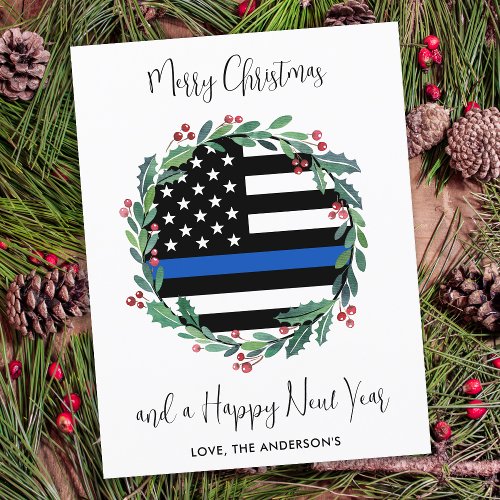 Police Christmas Wreath Blue Budget Holiday Card