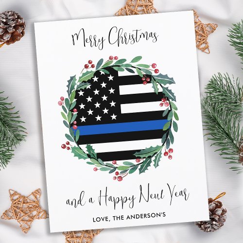 Police Christmas Wreath Thin Blue Line Flag Holiday Postcard