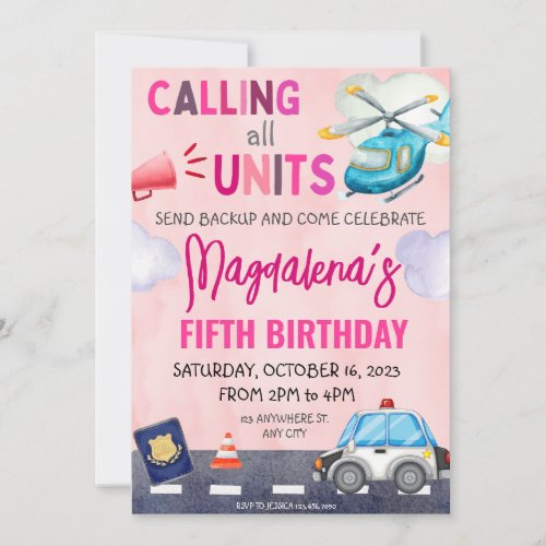 Police Cop Girl Policeman Birthday Party pink Invitation