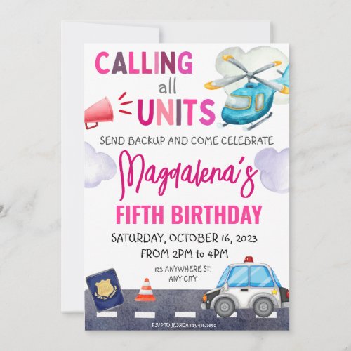 Police Cop Girl Policeman Birthday Party pink Invitation