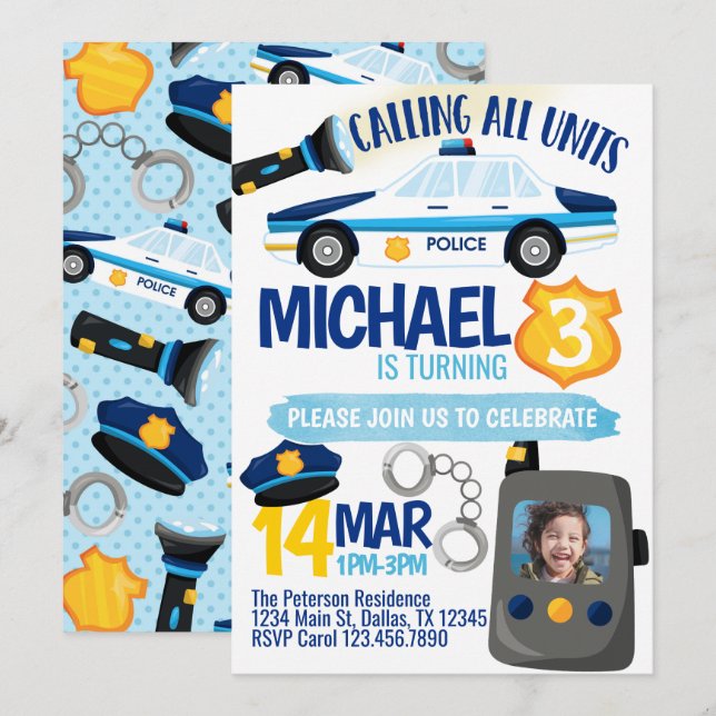 Police Cop Policeman Birthday Party Invitation (Front/Back)