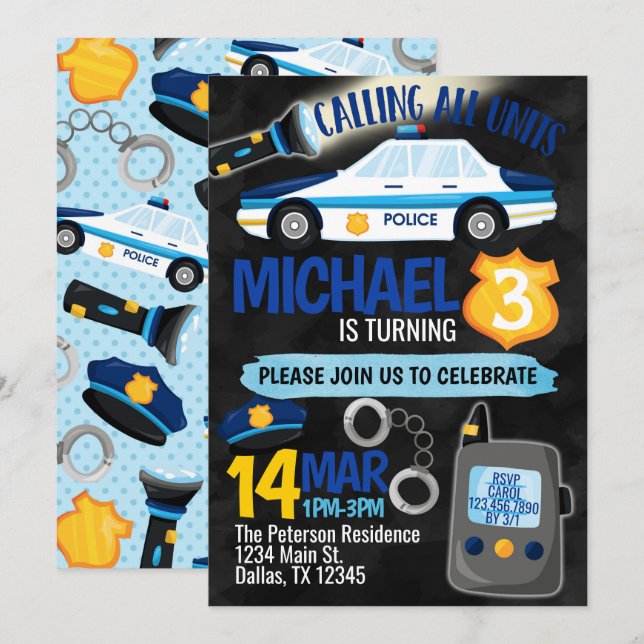 Police Cop Policeman Birthday Party Invitation (Front/Back)