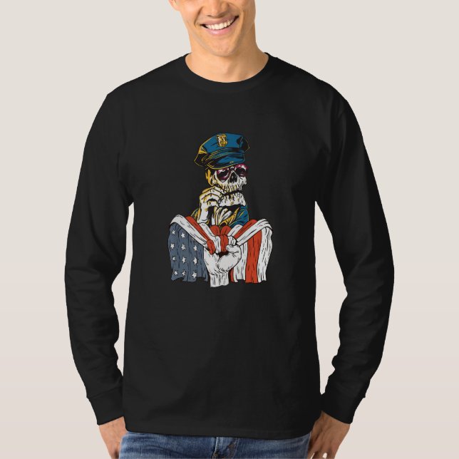 Police costume skaleton with American Flag Premium T-Shirt (Front)