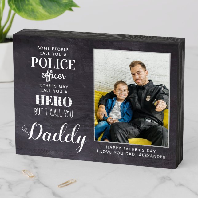 Police Dad Hero Personalized Fathers Day Photo Wooden Box Sign (In Situ Horizontal)