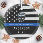 Police Department Custom Logo Blue Law Enforcement Glass Ornament<br><div class="desc">Thin Blue Line Police Department Christmas Ornament - American flag in Police Flag colors, modern black and blue design . Customize with your department logo, and personalize with police officers name and badge number. This personalized law enforcement ornament is perfect for police departments and law enforcement officers, stocking stuffers and...</div>