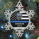Police Department Custom Logo Blue Law Enforcement Snowflake Pewter Christmas Ornament<br><div class="desc">Thin Blue Line Police Department Christmas Ornament - American flag in Police Flag colors, modern black and blue design . Customize with your department logo, and personalize with police officers name and badge number. This personalized law enforcement ornament is perfect for police departments and law enforcement officers, stocking stuffers and...</div>